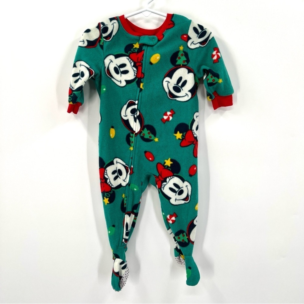 DISNEY Baby's Green Christmas Mickey Mouse Fleece Zip Up Footies Size 12M